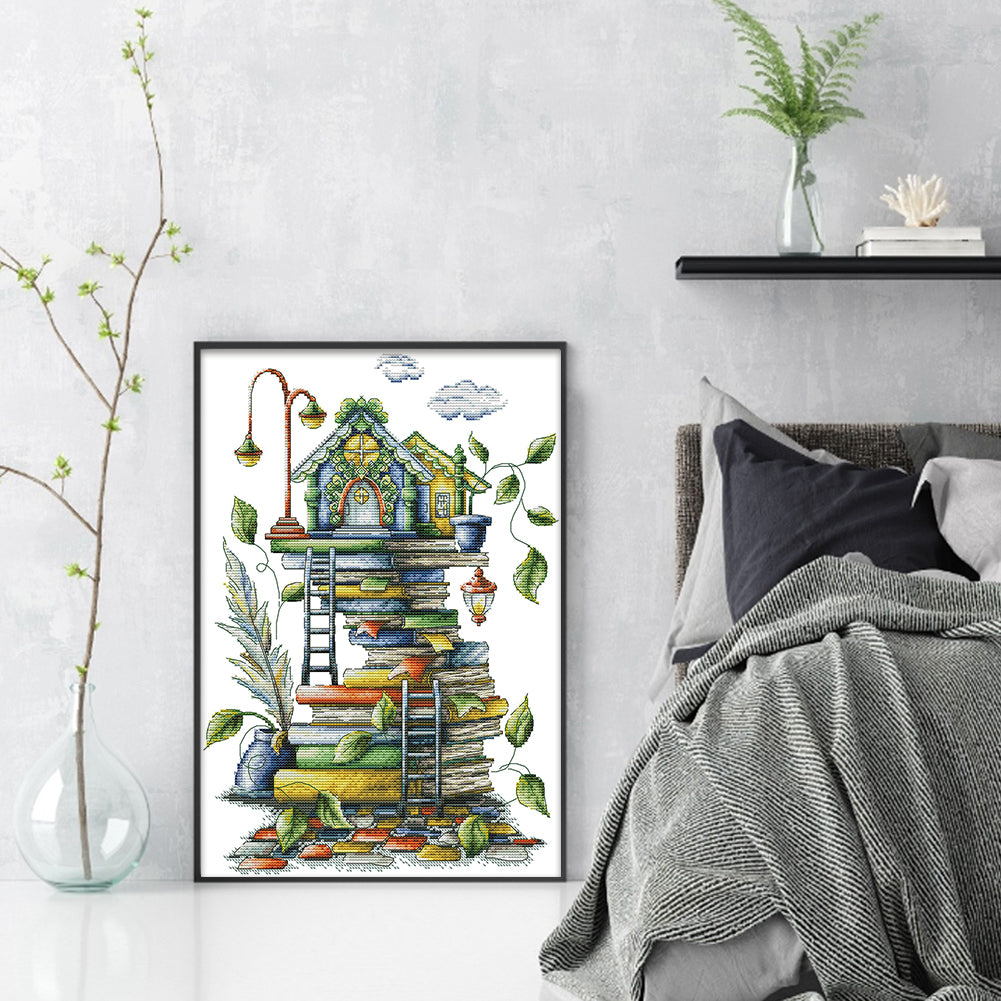 Little House On The Pile Of Books - 14CT Stamped Cross Stitch 31*43CM(Joy Sunday)