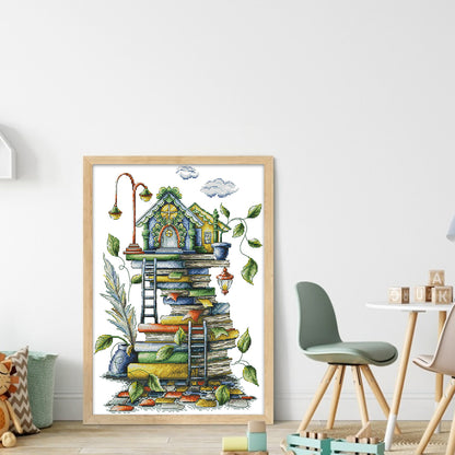 Little House On The Pile Of Books - 14CT Stamped Cross Stitch 31*43CM(Joy Sunday)