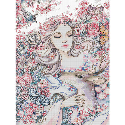 Girl And Deer - 14CT Stamped Cross Stitch 31*42CM(Joy Sunday)