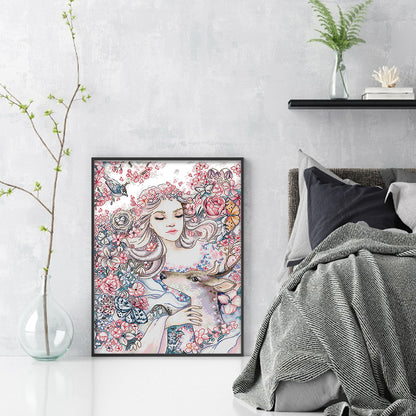 Girl And Deer - 14CT Stamped Cross Stitch 31*42CM(Joy Sunday)
