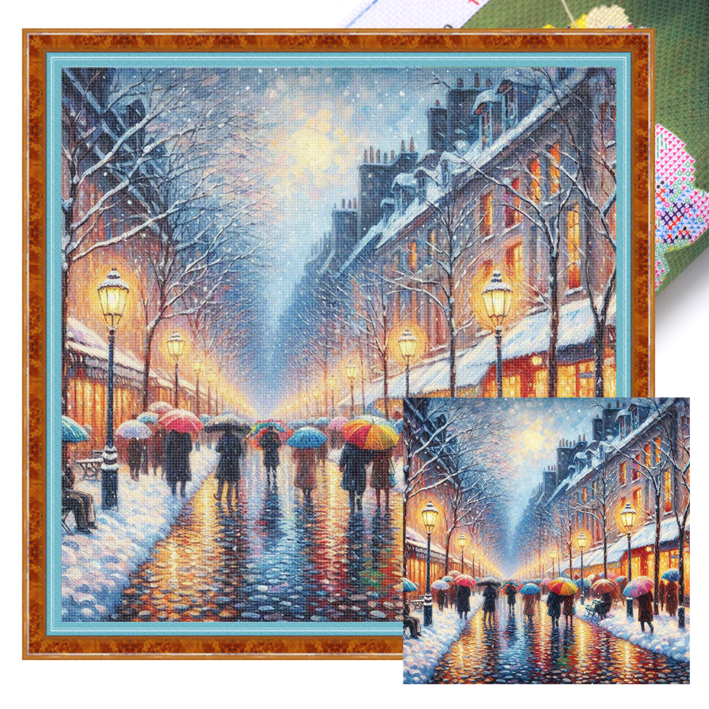 Street Snow Scene - 14CT Stamped Cross Stitch 50*50CM