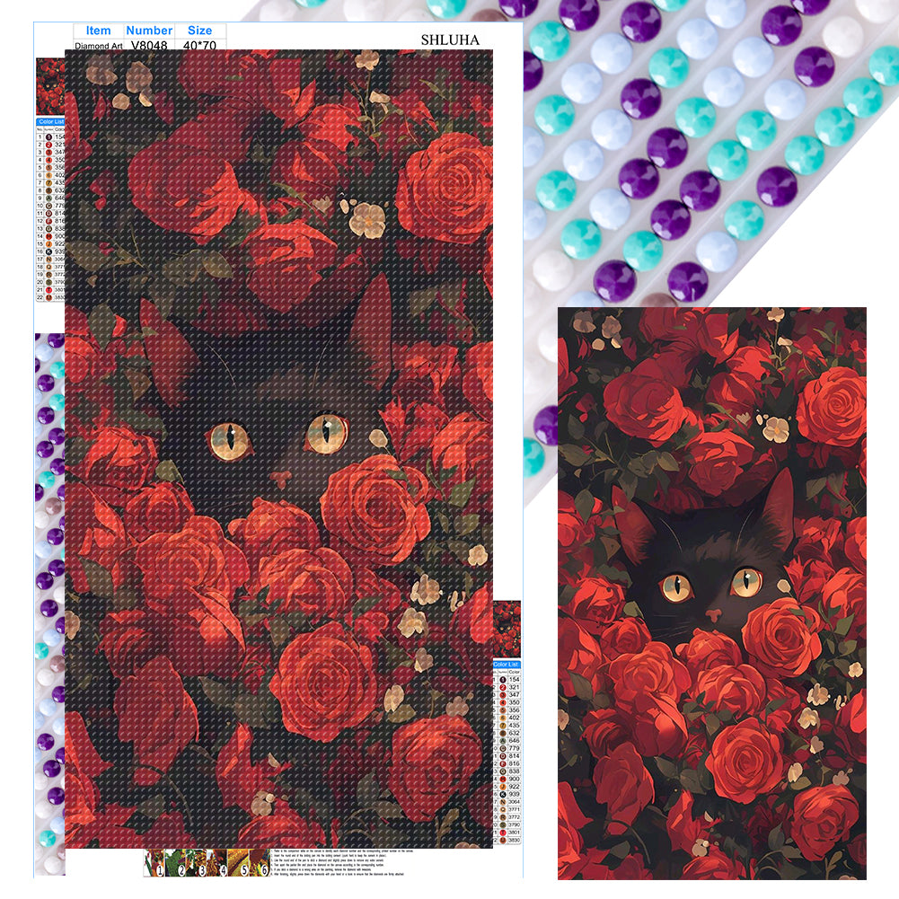 Cat In Red Rose - Full Round Drill Diamond Painting 40*70CM