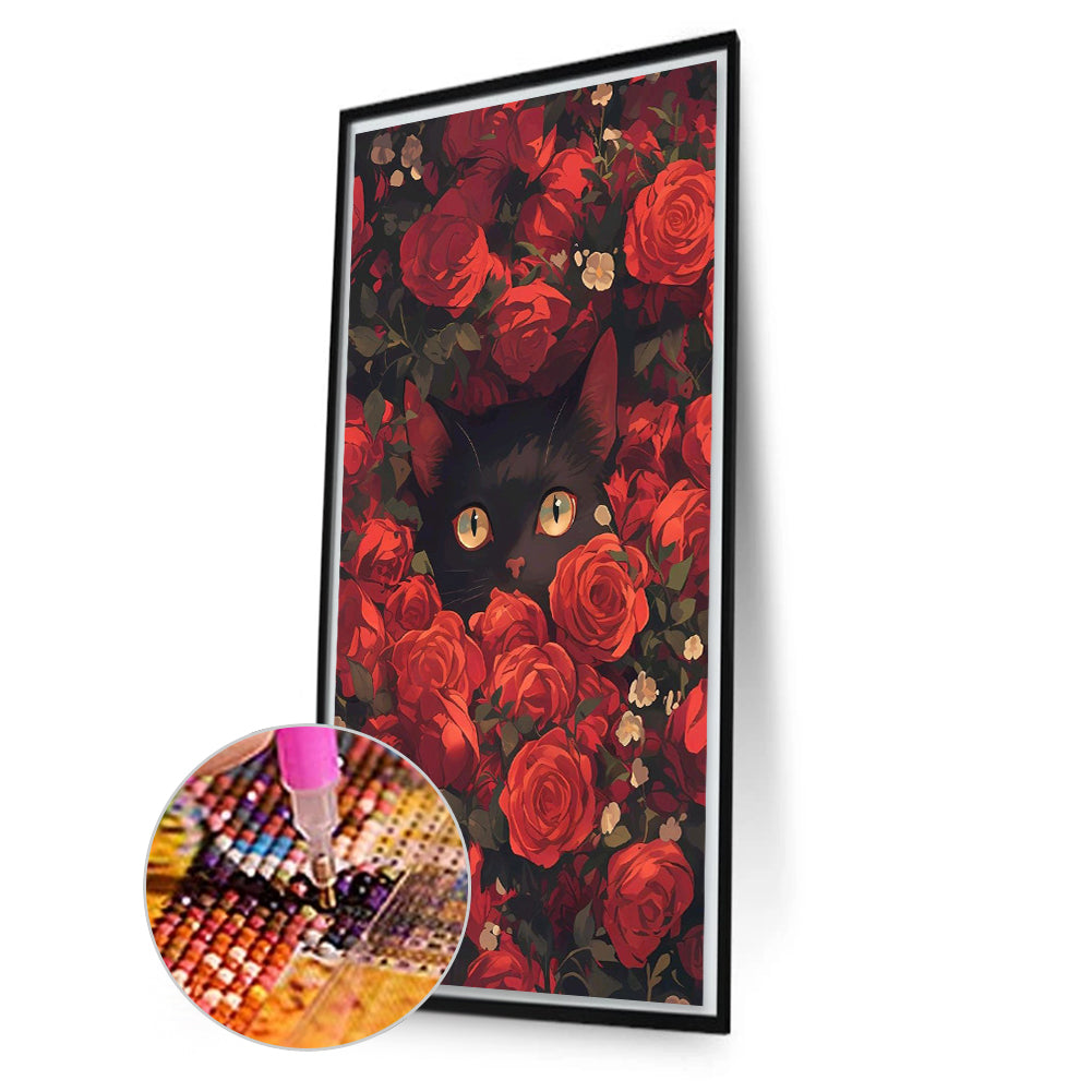 Cat In Red Rose - Full Round Drill Diamond Painting 40*70CM