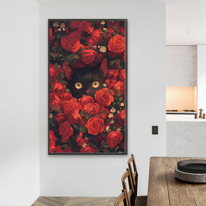 Cat In Red Rose - Full Round Drill Diamond Painting 40*70CM