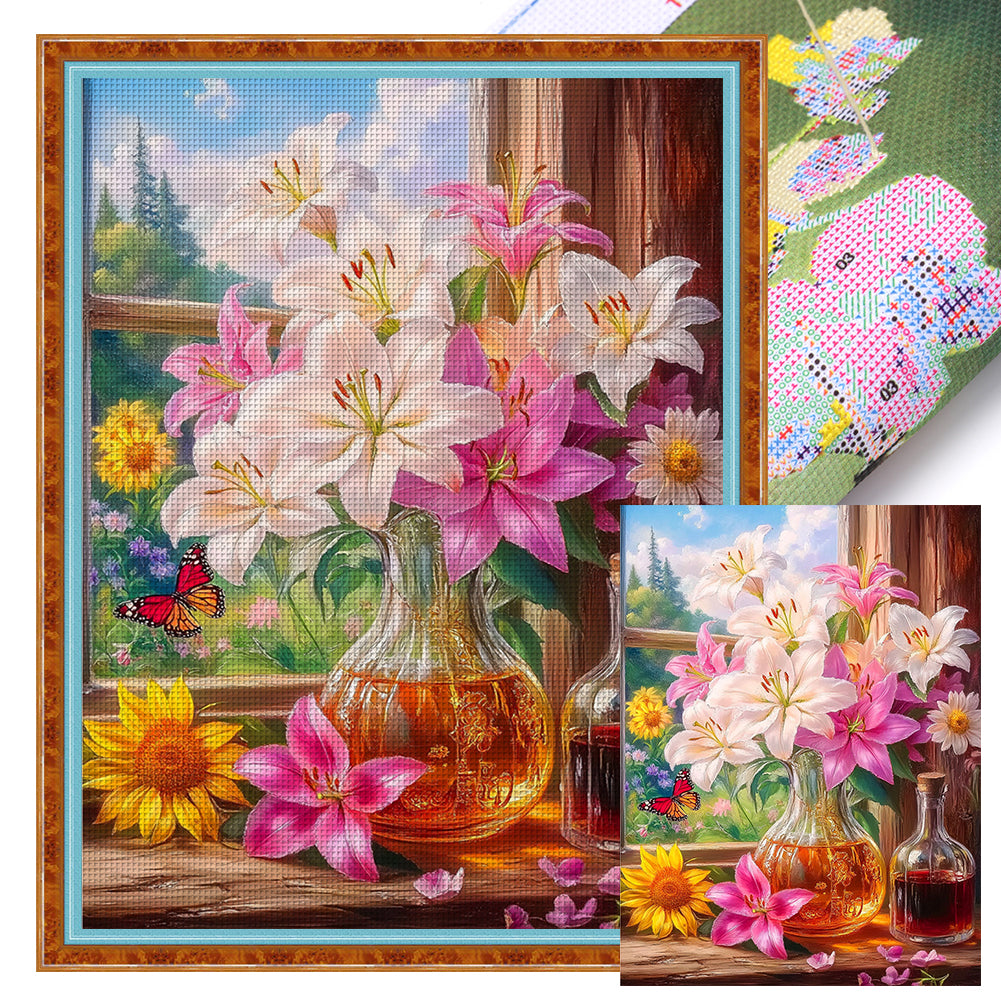 Window Sill Lily - 9CT Stamped Cross Stitch 60*80CM(Mona Lisa Brand)