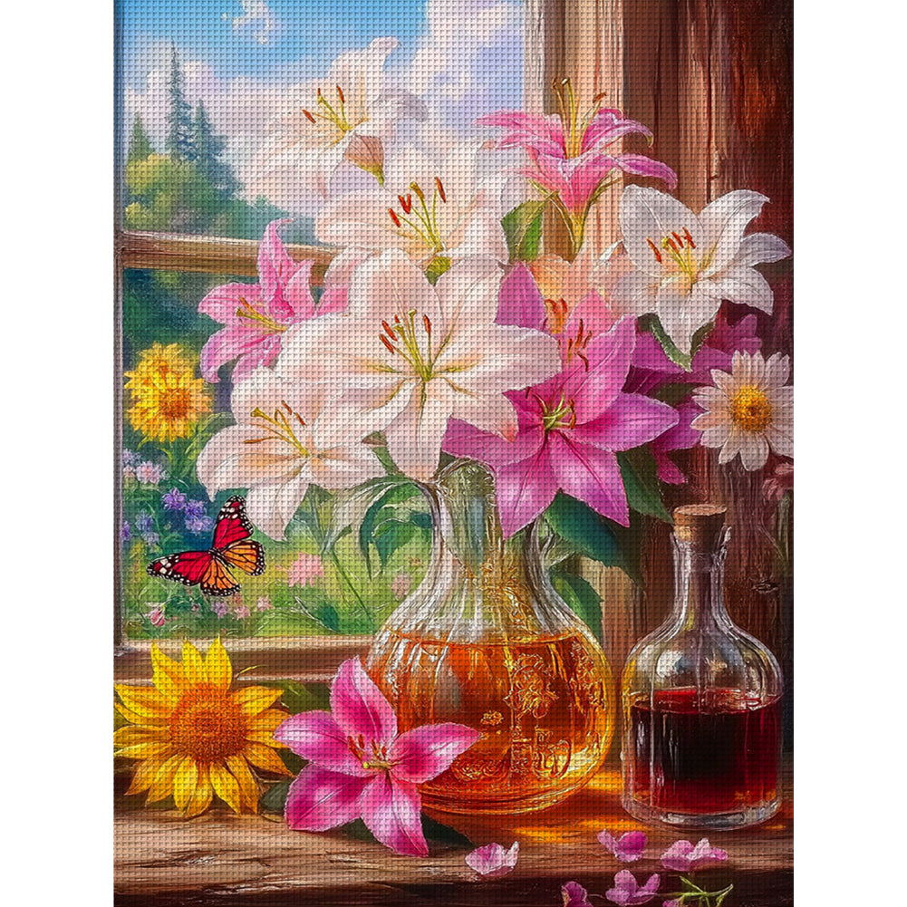 Window Sill Lily - 9CT Stamped Cross Stitch 60*80CM(Mona Lisa Brand)