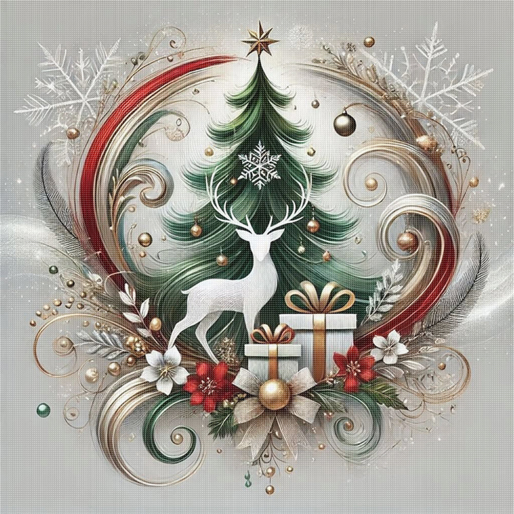 Christmas Tree Elk - 11CT Stamped Cross Stitch 45*45CM