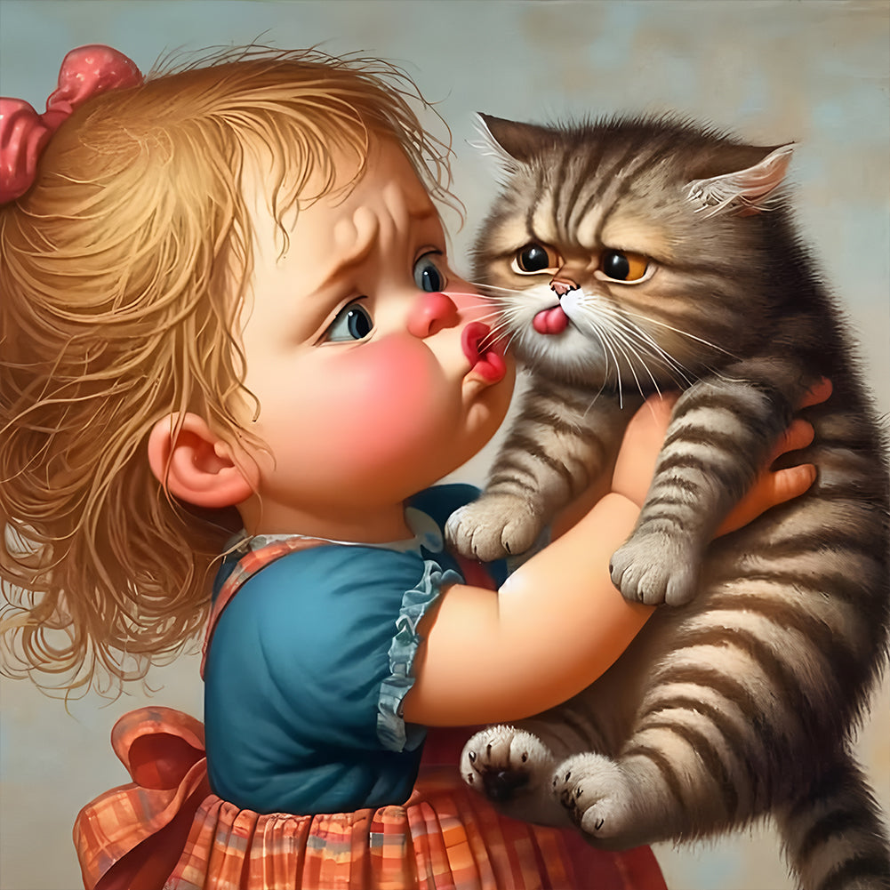 Little Girl And Kitten - Full Round Drill Diamond Painting 40*40CM