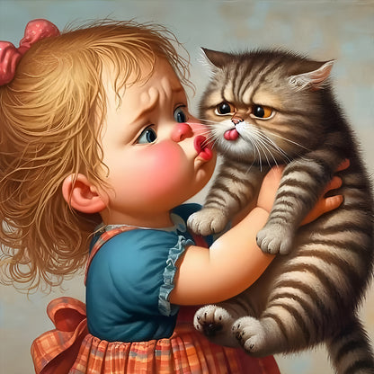 Little Girl And Kitten - Full Round Drill Diamond Painting 40*40CM