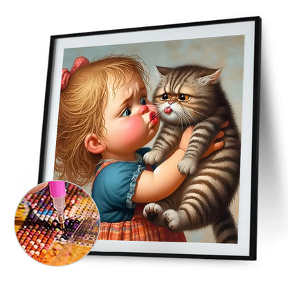 Little Girl And Kitten - Full Round Drill Diamond Painting 40*40CM