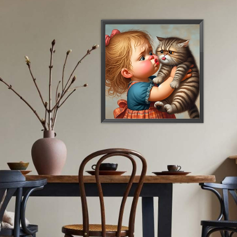 Little Girl And Kitten - Full Round Drill Diamond Painting 40*40CM