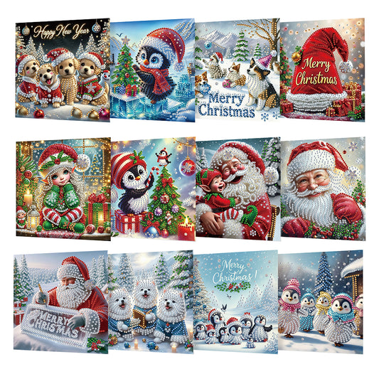 12PCS DIY Diamond Art Greeting Cards Xmas Designs for Festivals and Celebrations