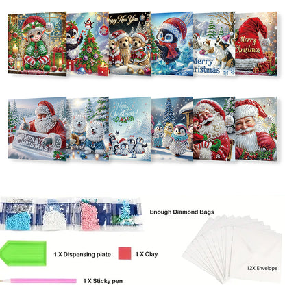 12PCS DIY Diamond Art Greeting Cards Xmas Designs for Festivals and Celebrations