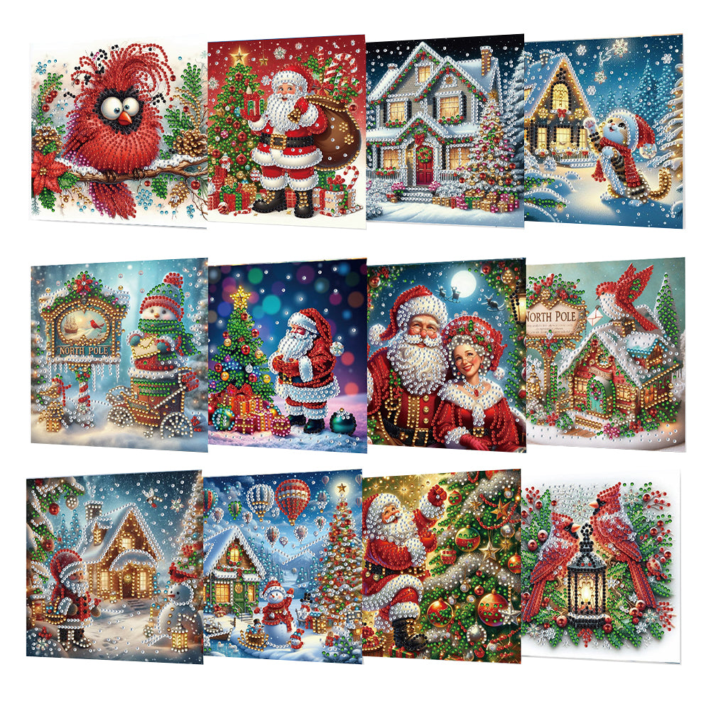 12PCS DIY Diamond Art Greeting Cards Xmas Designs for Festivals and Celebrations
