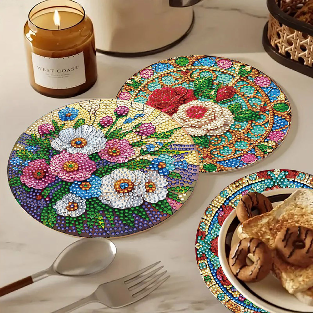Diamond Crafts Projects Flowers Round Diamond Painting Table Mats for Home Decor