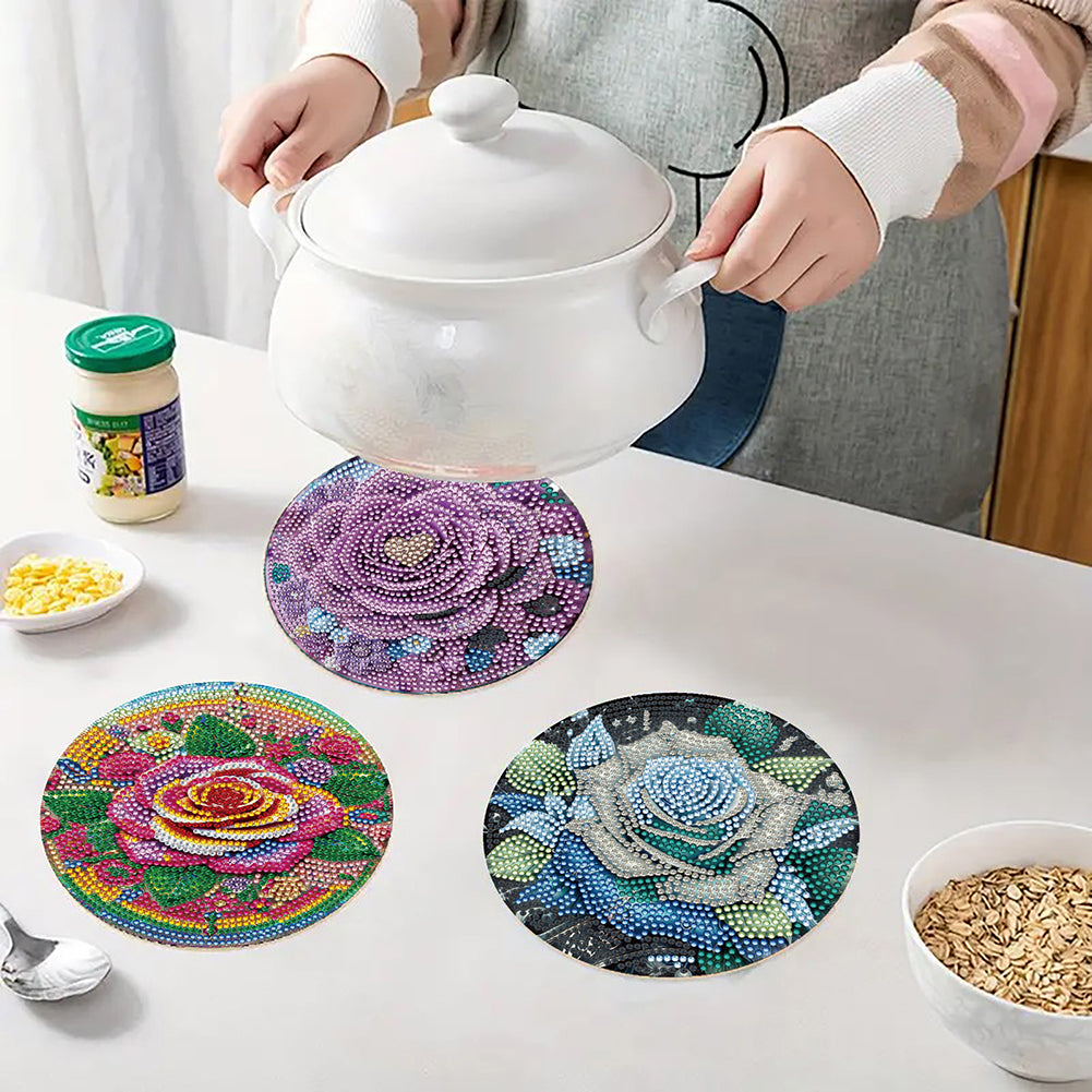Diamond Crafts Projects Flowers Round Diamond Painting Table Mats for Home Decor