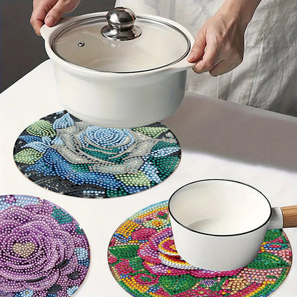 Diamond Crafts Projects Flowers Round Diamond Painting Table Mats for Home Decor