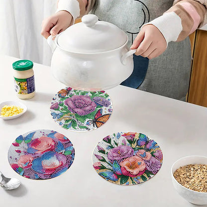 Diamond Crafts Projects Flowers Round Diamond Painting Table Mats for Home Decor