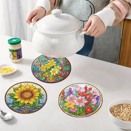 Diamond Crafts Projects Flowers Round Diamond Painting Table Mats for Home Decor