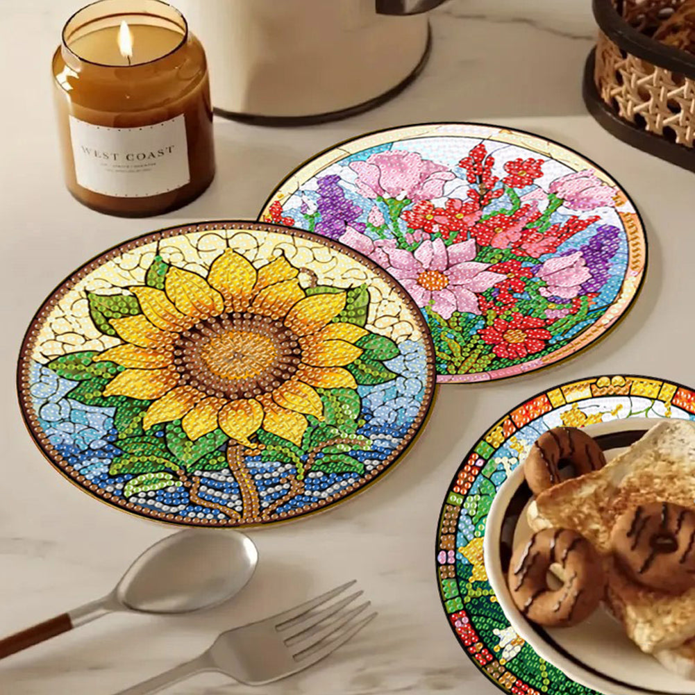 Diamond Crafts Projects Flowers Round Diamond Painting Table Mats for Home Decor