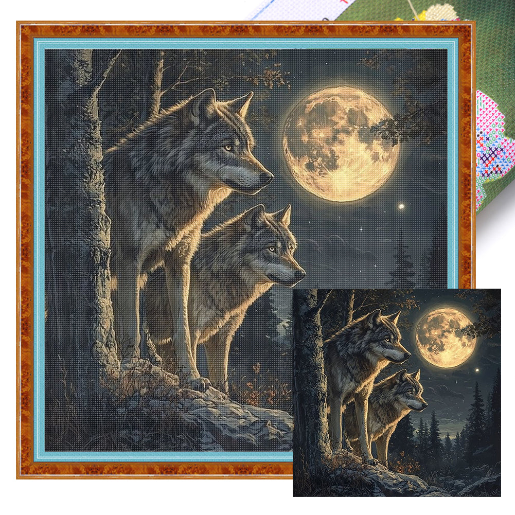 Two Wolves Under The Moon - 11CT Stamped Cross Stitch 40*40CM