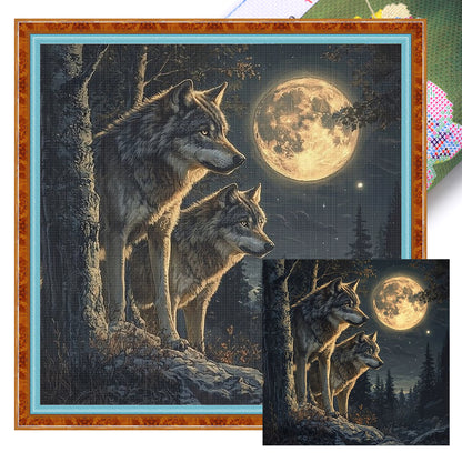Two Wolves Under The Moon - 11CT Stamped Cross Stitch 40*40CM
