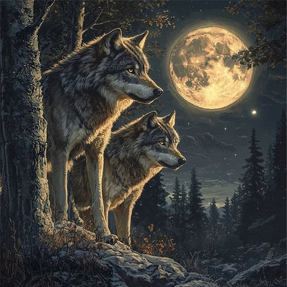 Two Wolves Under The Moon - 11CT Stamped Cross Stitch 40*40CM