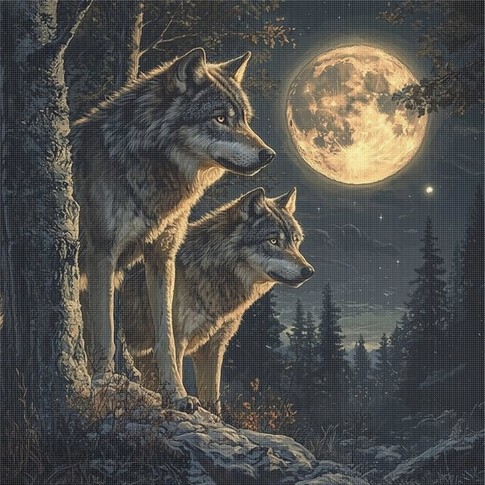 Two Wolves Under The Moon - 11CT Stamped Cross Stitch 40*40CM
