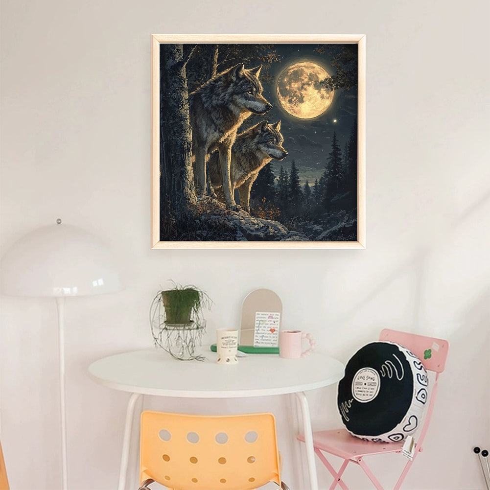 Two Wolves Under The Moon - 11CT Stamped Cross Stitch 40*40CM
