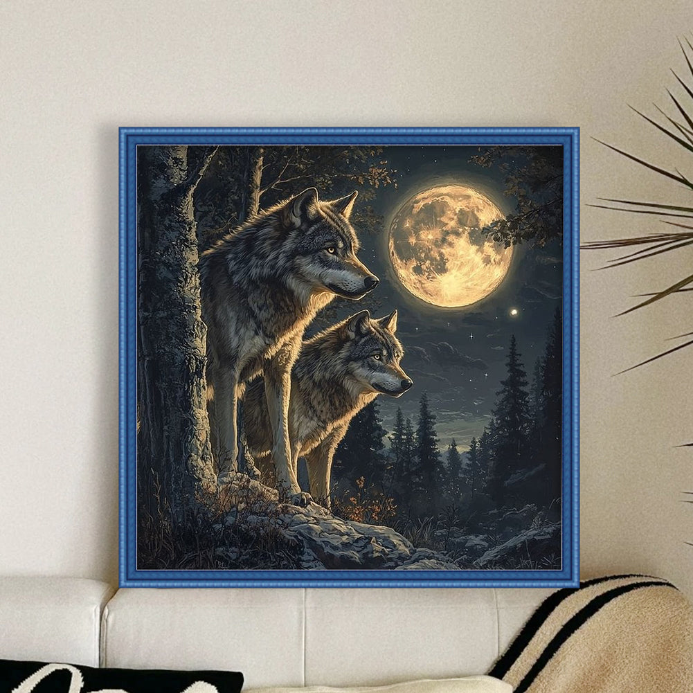 Two Wolves Under The Moon - 11CT Stamped Cross Stitch 40*40CM