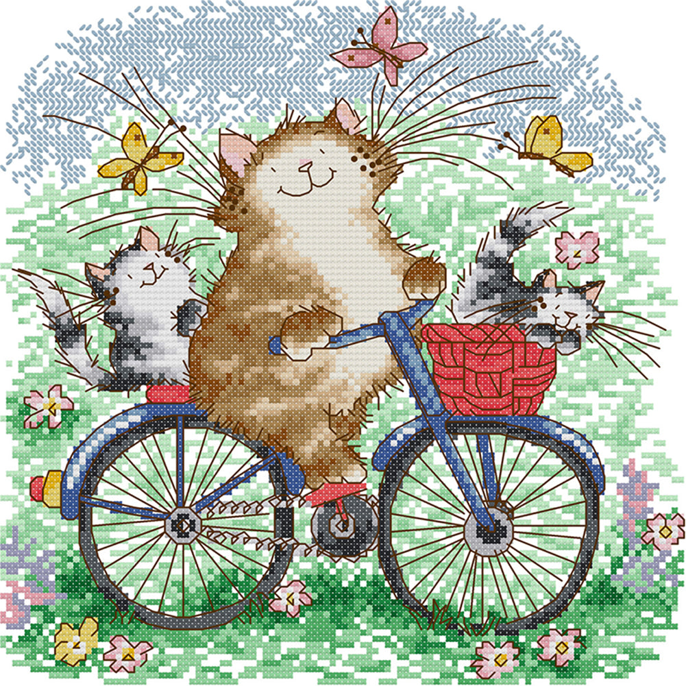Cat Family On A Bike Trip - 14CT Stamped Cross Stitch 28*28CM(Joy Sunday)