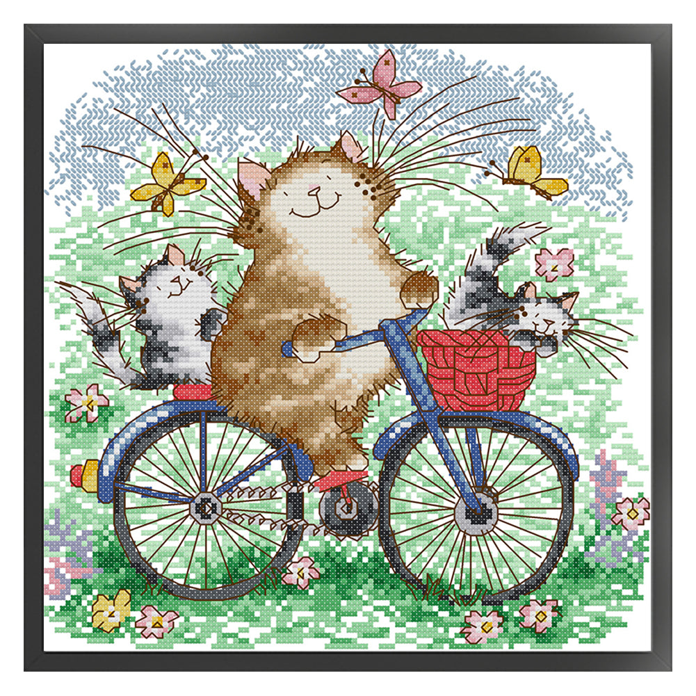 Cat Family On A Bike Trip - 14CT Stamped Cross Stitch 28*28CM(Joy Sunday)