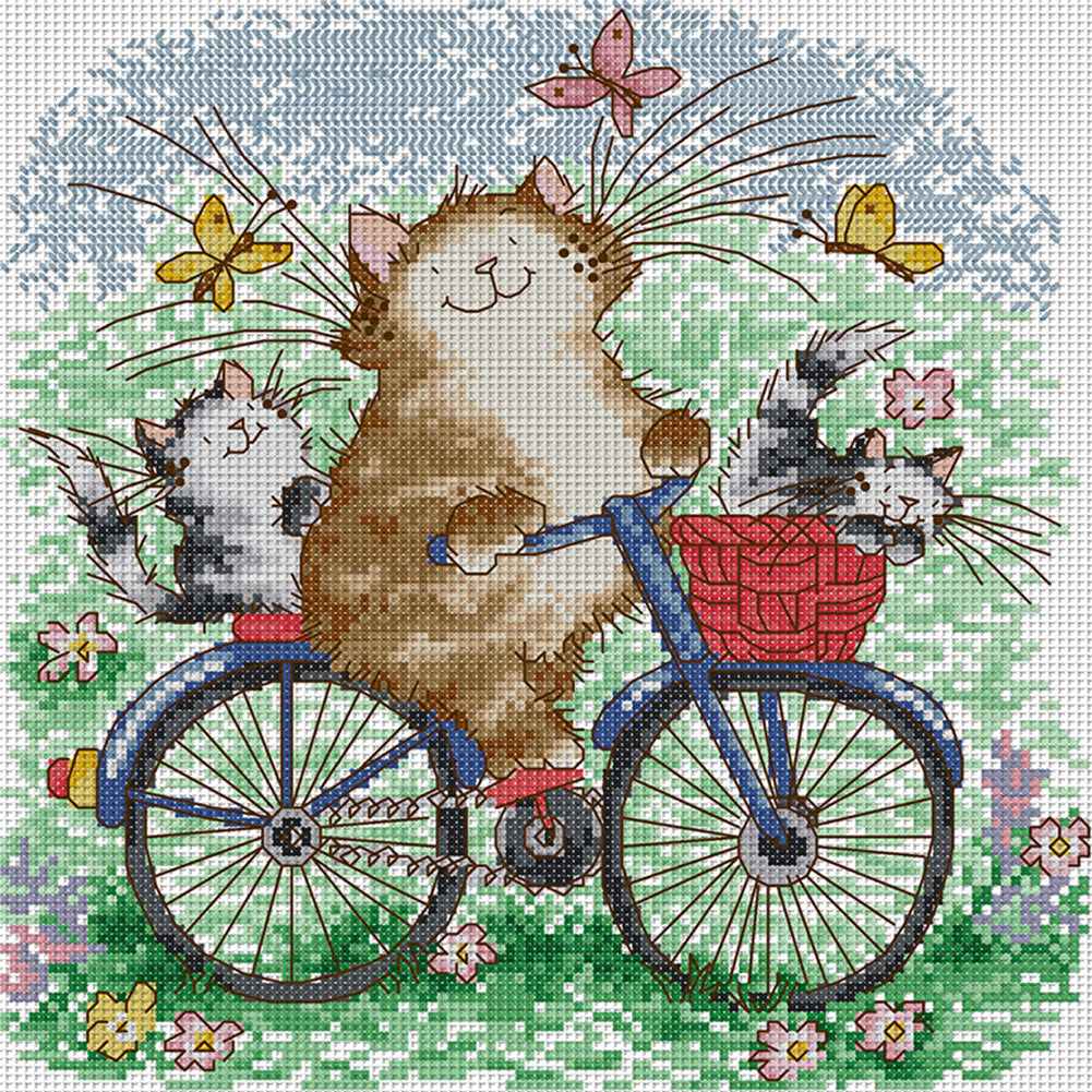 Cat Family On A Bike Trip - 14CT Stamped Cross Stitch 28*28CM(Joy Sunday)
