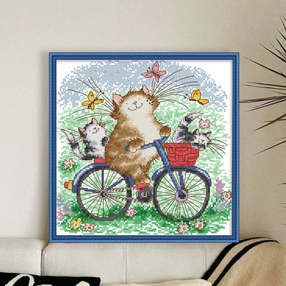 Cat Family On A Bike Trip - 14CT Stamped Cross Stitch 28*28CM(Joy Sunday)