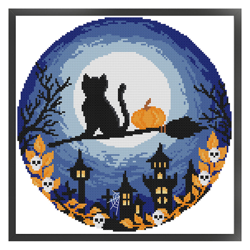 Black Cat On Halloween - 14CT Stamped Cross Stitch 31*31CM(Joy Sunday)