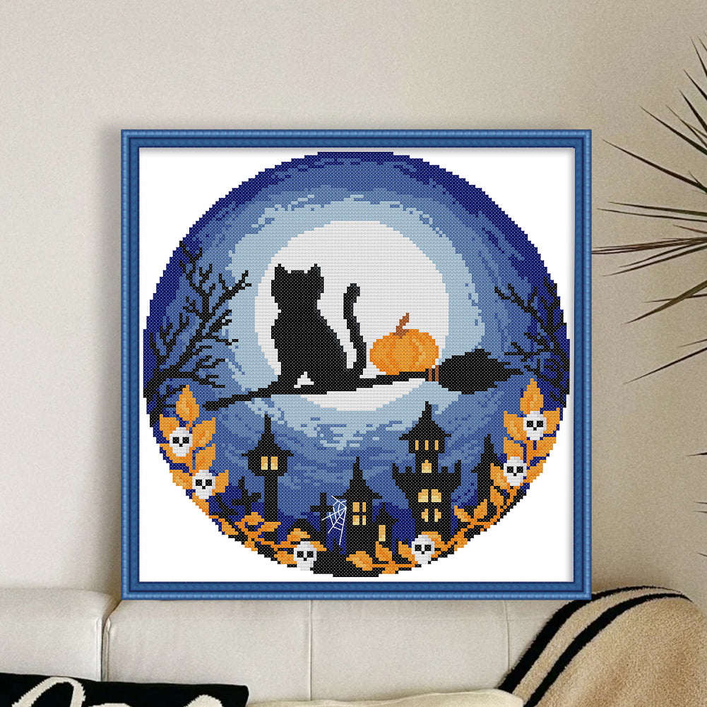 Black Cat On Halloween - 14CT Stamped Cross Stitch 31*31CM(Joy Sunday)
