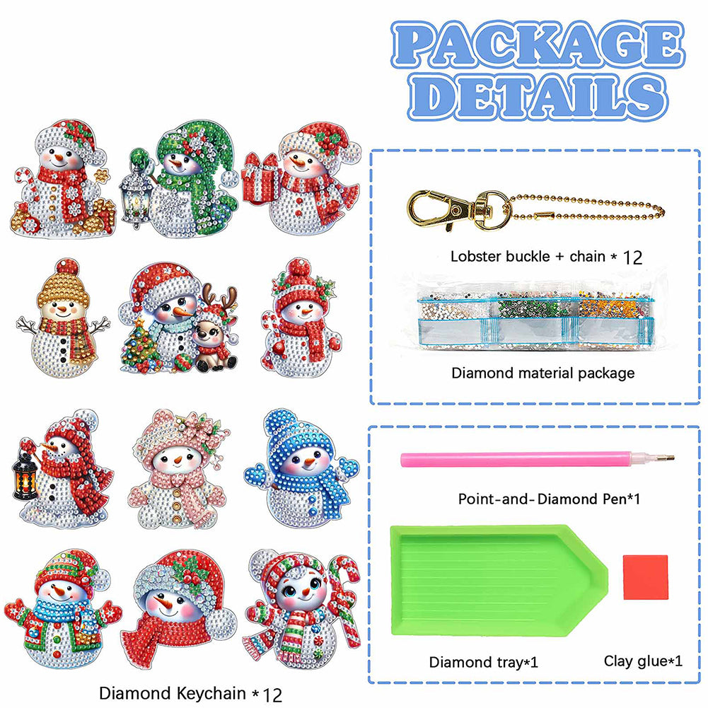 12Pcs Christmas Diamond Painting Keychain Rhinestone Painting Keychain Pendant