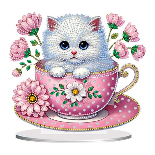 2D Flat Print Teacup Cat DIY Desktop Diamond Art Kits Bedroom Table Decoration