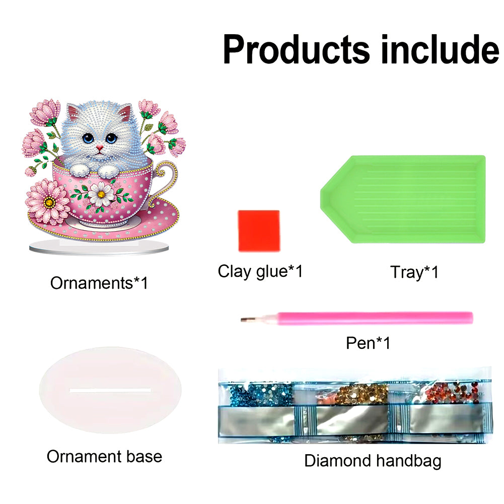 2D Flat Print Teacup Cat DIY Desktop Diamond Art Kits Bedroom Table Decoration