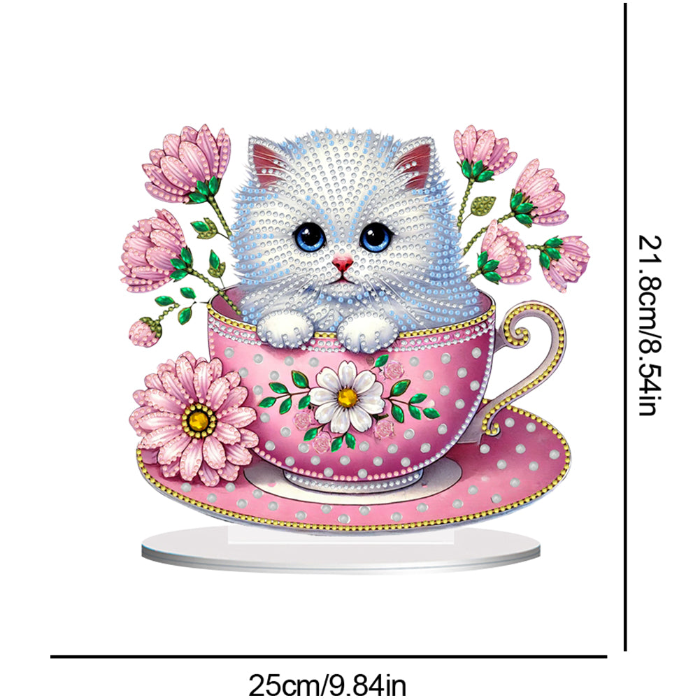 2D Flat Print Teacup Cat DIY Desktop Diamond Art Kits Bedroom Table Decoration