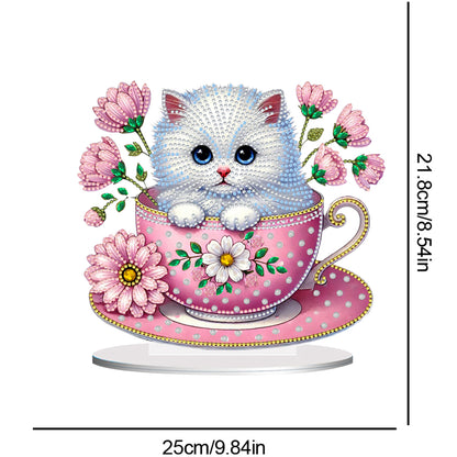 2D Flat Print Teacup Cat DIY Desktop Diamond Art Kits Bedroom Table Decoration