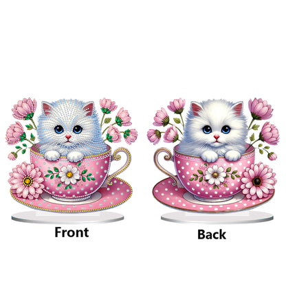 2D Flat Print Teacup Cat DIY Desktop Diamond Art Kits Bedroom Table Decoration