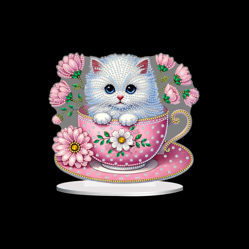 2D Flat Print Teacup Cat DIY Desktop Diamond Art Kits Bedroom Table Decoration