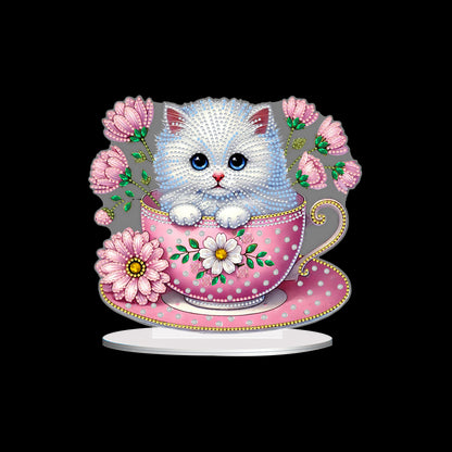 2D Flat Print Teacup Cat DIY Desktop Diamond Art Kits Bedroom Table Decoration