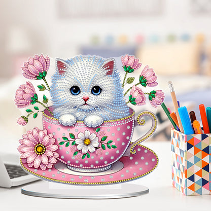 2D Flat Print Teacup Cat DIY Desktop Diamond Art Kits Bedroom Table Decoration