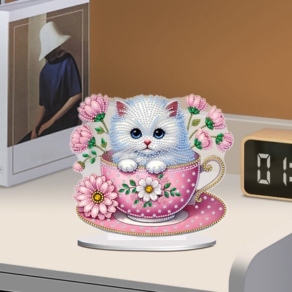 2D Flat Print Teacup Cat DIY Desktop Diamond Art Kits Bedroom Table Decoration