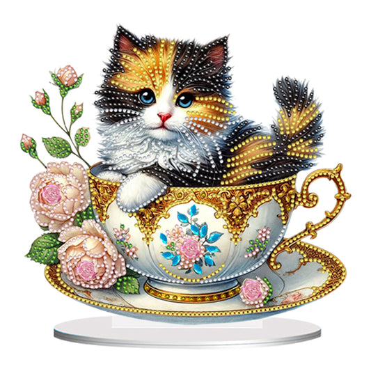 2D Flat Print Teacup Cat DIY Desktop Diamond Art Kits Bedroom Table Decoration
