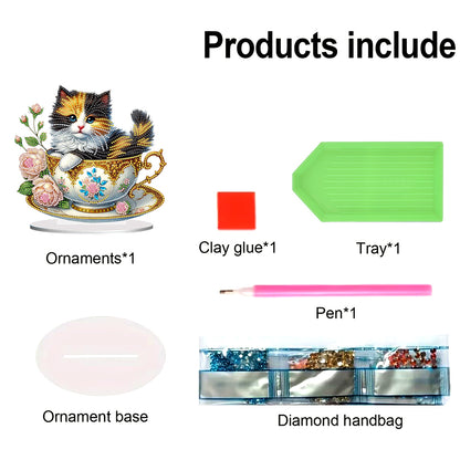 2D Flat Print Teacup Cat DIY Desktop Diamond Art Kits Bedroom Table Decoration