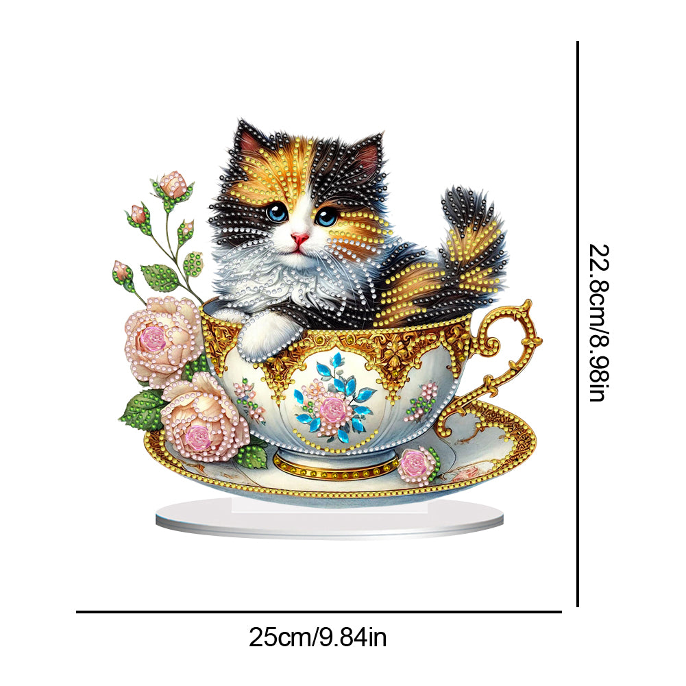 2D Flat Print Teacup Cat DIY Desktop Diamond Art Kits Bedroom Table Decoration