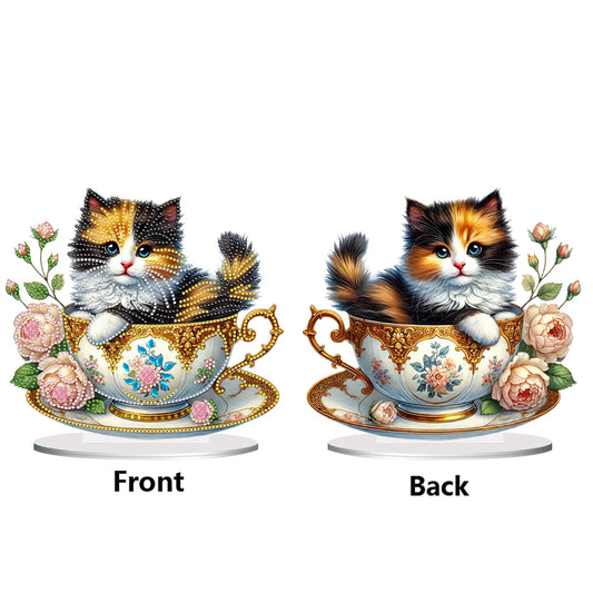 2D Flat Print Teacup Cat DIY Desktop Diamond Art Kits Bedroom Table Decoration